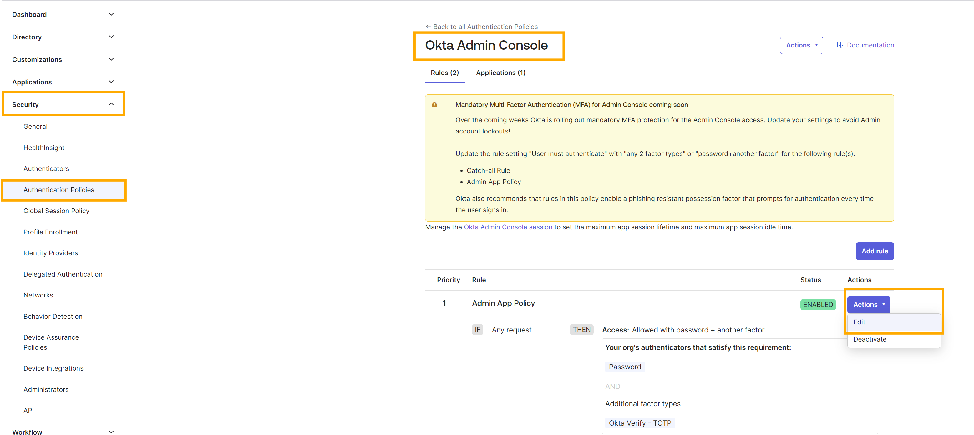 Edit Authentication Policies